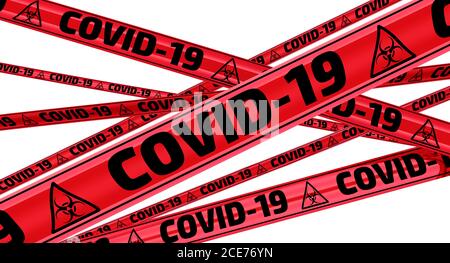 COVID-19. Nastri di avvertimento rossi con testo nero COVID-19 (il 2019 novel coronavirus, noto anche come 2019-nCoV). Isolato. Illustrazione 3D Foto Stock