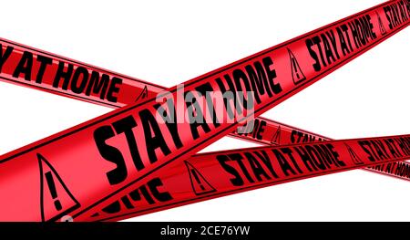 Rimani a casa. Cassette di avvertimento rosse con testo nero RIMANI A CASA! Isolato. Illustrazione 3D Foto Stock