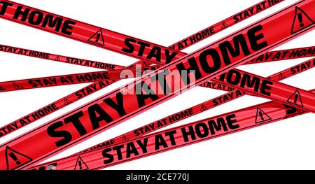 Rimani a casa. Cassette di avvertimento rosse con testo nero RIMANI A CASA! Isolato. Illustrazione 3D Foto Stock