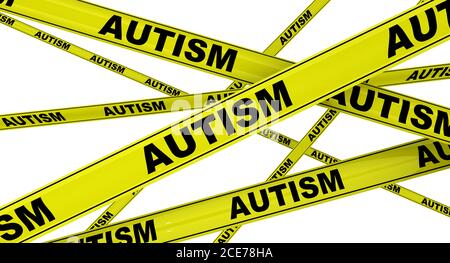 Autismo. Nastri di avvertimento gialli con PAROLE nere AUTISMO (è un disturbo dello sviluppo). Isolato. Illustrazione 3D Foto Stock