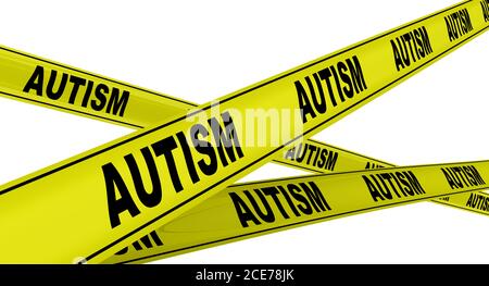 Autismo. Nastri di avvertimento gialli con PAROLE nere AUTISMO (è un disturbo dello sviluppo). Isolato. Illustrazione 3D Foto Stock