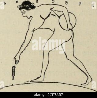 . Sport e festival sportivi greci. Fig. 74.-(o) R.-F. kylix. Chiusi. (b) R.-F. kylix. Wiirzburg, 357, A. Fell è stato contrassegnato da un piolo o da una freccia come descritto da statine,^e su diversi vasi vediamo un diskobolos nell'atto di puttingdown o di assumere un tale segno (Fig. 74). Nel moderno stile libero i dischetti vengono gettati da una zona acircolare di 2J metri di diametro, e il metodo di gettatura è una modifica di lancio del martello, il corpo dei thewers facendo due o tre giri completi. Non è quindi traccia in tempi antichi di un tale metodo o di una circolare ^ questo è il significato ovvio di fxr} REP/xa irpo^ Foto Stock