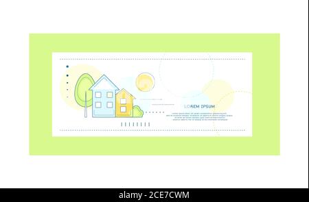 Banner orizzontale con icona lineare cottage paese. Concetto di bene immobile. Spazio di copia per il testo. Modello di simulazione. Illustrazione vettoriale EPS8 Illustrazione Vettoriale