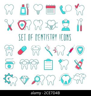 Collezione di icone di linea di odontoiatria, sanità e medicina. Insieme vettoriale di un'icona grafica piatta. Trattamento dentale, protesi, sbiancamento dei denti, rimozione, im Illustrazione Vettoriale