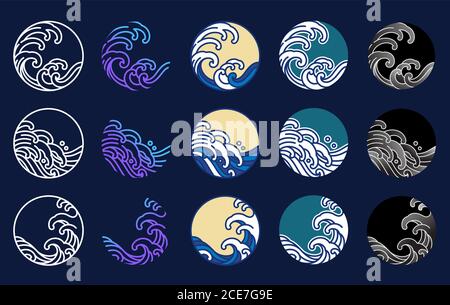 Giappone acqua e oceano onda vettore impostato. Design grafico in stile orientale. Linea grafica, linea di colore di riempimento e sfumatura stilizzata a forma rotonda. Illustrazione Vettoriale