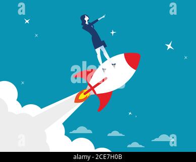 Avvio. Uomo d'affari in piedi su una nave a razzo che vola attraverso il cielo stellato. Illustrazione aziendale concettuale. Piatto vettoriale Illustrazione Vettoriale