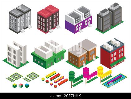 Insieme degli elementi vettoriali isometrici. Grattacieli, parco con laghetti, edifici cittadini e negozi Illustrazione Vettoriale