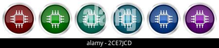 Circuito, chip, icone di computer, set di pulsanti in carta lucida metallizzata argento in 6 opzioni di colore isolati su sfondo bianco Foto Stock