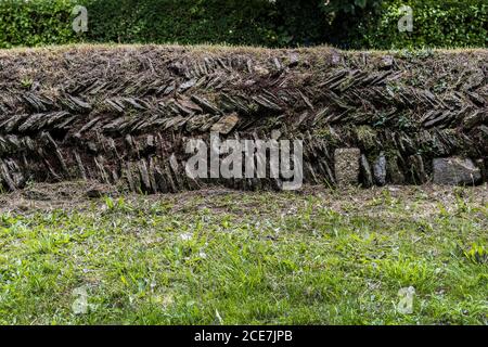 Pietre posate in un modello a spina di pesce in un hedge tradizionale della Cornovaglia a Newquay in Cornovaglia. Foto Stock