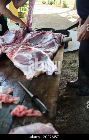 Angolo alto di macellai anonimi di raccolto che tagliano la carne di maiale sopra tavola in legno durante la produzione di prodotti tradizionali in azienda Foto Stock