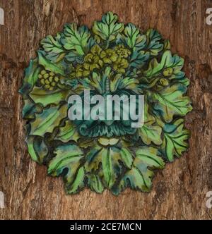 Arte del giardino in cemento altamente decorativo, faccia di foglie di Green Man, spirito mitico britannico delle foreste, sullo sfondo di corteccia di albero marrone Foto Stock