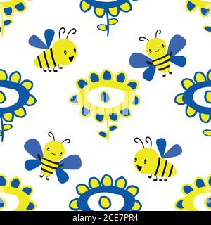 Disegno vettoriale di fiori e api in stile kawaii senza cuciture motivo sfondo. Fiori semplici gialli, blu cobalto scagliati e divertimento di volo Illustrazione Vettoriale