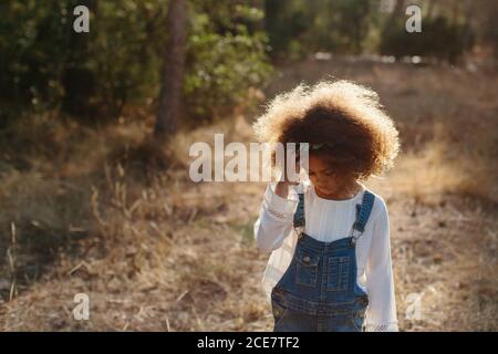 Ritratto di adorabile ragazza etnica calmo che indossa un elegante abito colorato durante la giornata estiva in natura Foto Stock