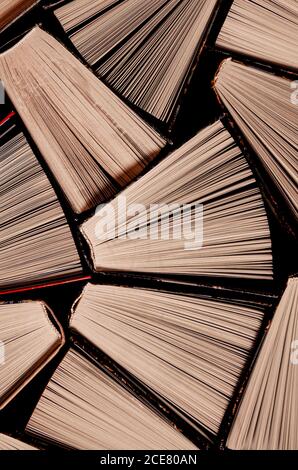 Aprire il supporto multicolore per i vecchi libri su uno scaffale nella biblioteca di casa Foto Stock