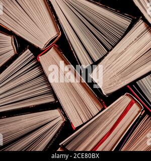 Un'enorme biblioteca domestica con vecchi libri multicolore Foto Stock