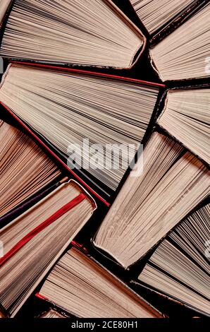 Un'enorme biblioteca domestica con vecchi libri multicolore Foto Stock