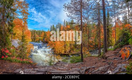 Potente fiume selvaggio che scorre attraverso la magnifica foresta autunnale con colorato alberi contro il cielo blu nuvoloso Foto Stock