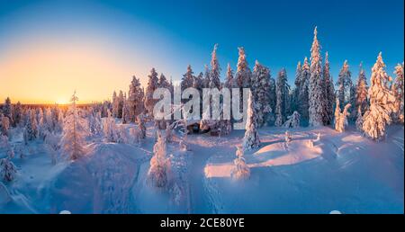 Piccola casa in legno situata nella pittoresca foresta invernale coperta da neve all'alba Foto Stock