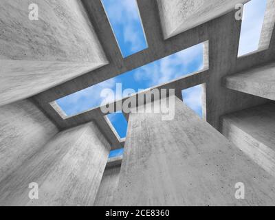 Sfondo interno astratto, vista grandangolare con pareti in cemento e lucernari rettangolari, rappresentazione 3d Foto Stock