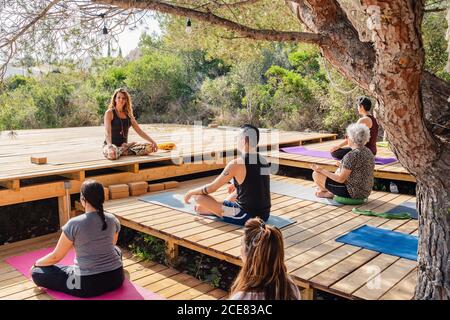 Vista posteriore di persone irriconoscibili che eseguono Padmasana yoga posa su piattaforma in legno durante l'allenamento all'aperto con istruttore femminile in giardino Foto Stock