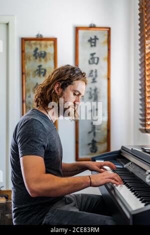 Uomo di talento che suona il pianoforte a casa Foto Stock