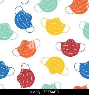 Maschere facciali sfondo vettoriale senza giunture. Progettazione correlata alla pandemia di coronavirus. Modello ripetitivo con maschere facciali colorate. Forniture mediche Illustrazione Vettoriale