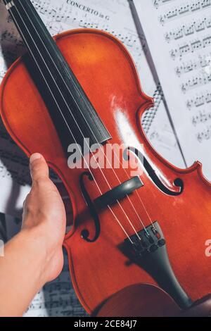 Vista dall'alto di una persona tagliata e irriconoscibile che tiene un violino lucido sistemato con fogli di musica bianca sul tavolo a casa Foto Stock