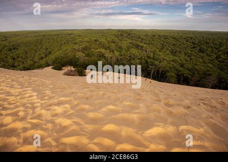 LA TESTE-DE-BUCH, FRANCIA – 12 AGOSTO 2017: Turisti che arrampicano sulla Duna di Pilat, la duna di sabbia più alta d'Europa Foto Stock