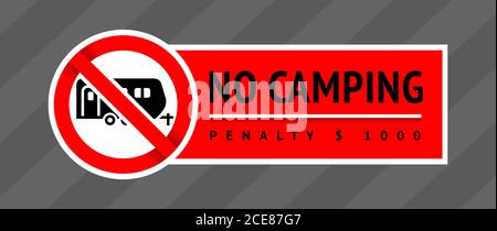 Cartello di divieto No Campeggio, etichetta trendy, pronto per la stampa Illustrazione Vettoriale