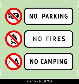 Set adesivi No Camping, No fuochi, No Parcheggio, pronto per la stampa Illustrazione Vettoriale