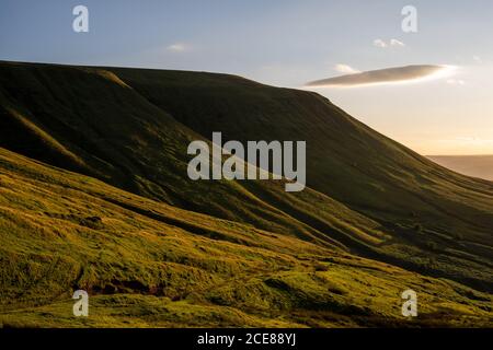 Le pecore pascolano al sole serale sulle pendici del monte Twmpa, o Lord Hereford's Knob, nelle Black Mountains del Galles. Foto Stock