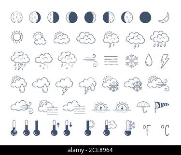 Pacchetto icone meteo. Doodle icone. Elementi di progettazione delle previsioni meteo disegnati a mano, perfetti per app e widget mobili. Contiene icone del sole, nuvole, Illustrazione Vettoriale