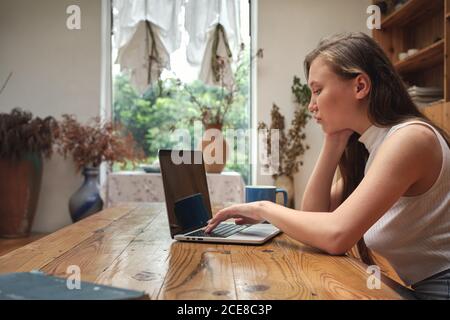 Vista laterale di una giovane e seria donna freelancer etnica seduta a. tavolo in legno con computer portatile mentre lavora in remoto in una moderna biblioteca Foto Stock