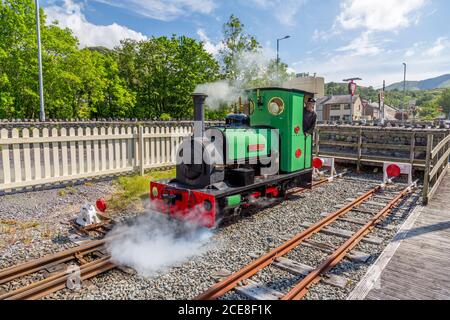 'Dolbadarn' un ex motore per carri armati in cava di ardesia presso la stazione di Llanberis sulla Llanberis Lake Railway, Gwynedd, Galles, Regno Unito Foto Stock