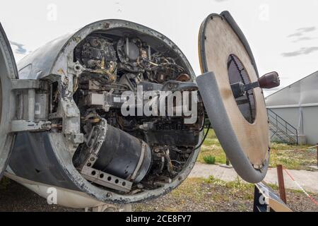 Dettaglio del radar nel cono di un De Havilland DH110 Sea Vixen FAW.2, in esposizione al De Havilland Museum, London Colney, UK. Foto Stock