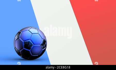 Bandiera di Francia con palla di calcio in metallo, bandiera nazionale di calcio, coppa del mondo di calcio, calcio europeo di calcio, campionato americano e africano, rendering 3d Foto Stock