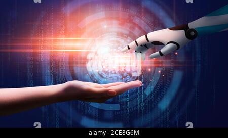 Concetto di intelligenza artificiale. Mano di cyborg che raggiunge la mano umana sopra Abstract Binary background Foto Stock