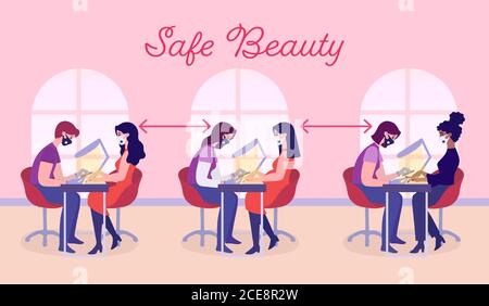 Distanza sociale nei saloni delle unghie durante la pandemia del coronavirus. I manicuristi lavorano in maschere, considerando le regole di prevenzione Illustrazione Vettoriale