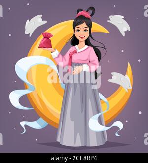 Biglietto d'auguri Chuseok Hangawi, giorno del Ringraziamento coreano, festival di metà autunno. Bella donna coreana. Illustrazione vettoriale Illustrazione Vettoriale