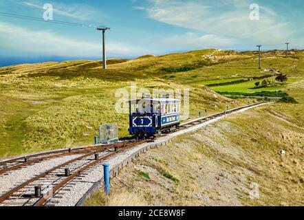 Tram n° 7 lungo il tragitto dalla stazione di Llandudno Victoria alla stazione di vertice sulla funivia Great Orme Tramway a Llandudno, Galles del nord, Regno Unito Foto Stock