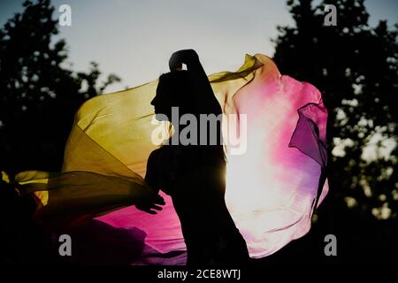 Vista laterale della silhouette della danzatrice del ventre femminile che si esibisce in giardino durante il tramonto Foto Stock