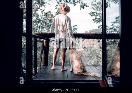 Vista posteriore di un uomo in viaggio in piedi sul balcone di albero casa con il cane amichevole e ammirando lo spettacolare scenario della foresta Foto Stock