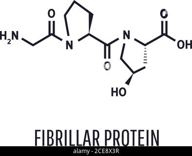 Formula della struttura chimica. Il collagene è una proteina fibrillare che costituisce la base del tessuto connettivo di tutto l'organismo, fornendo la sua forza ed elasticità. Illustrazione Vettoriale