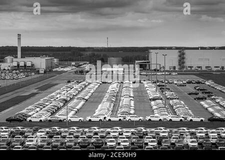 Volkswagen Group Rus, Russia, Kaluga - 24 MAGGIO 2020: File di auto nuove parcheggiate in un centro di distribuzione in un giorno e edifici di una fabbrica di automobili. Parcheggio Foto Stock