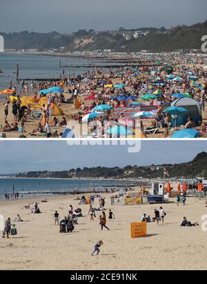 Foto composita di persone che si godono il tempo caldo in una trafficata spiaggia di Bournemouth, Dorset, durante il fine settimana di vacanze in banca agosto il 26/08/2019 (in alto) e una spiaggia tranquilla oggi. Foto Stock