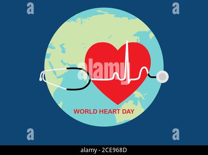 Mondo cuore giorno sfondo. Illustrazione vettoriale di cuore, stetoscopio, elettrocardiogramma sullo sfondo del pianeta mondiale. Illustrazione Vettoriale