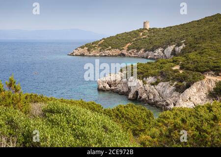 Italia, Sardegna, Alghero, Parco Nazionale di Porto Conte, Capo Caccia, Vista verso Torre Bollo Foto Stock