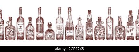 Modello senza cuciture con bicchieri da schizzo disegnati a mano bottiglia su sfondo bianco bevande alcoliche vino, champagne, birra, whisky, rum, vodka, tequila Illustrazione Vettoriale
