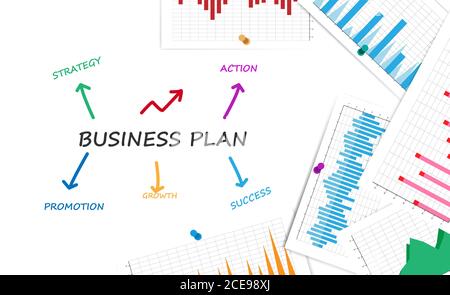 Illustrazione del piano di affari con le parole e grafici di statistica, sfondo bianco Illustrazione Vettoriale