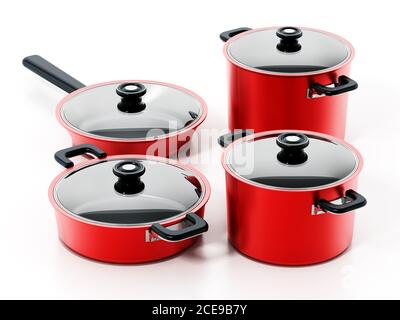 Set di pentole in acciaio isolate su sfondo bianco. Illustrazione 3D. Foto Stock